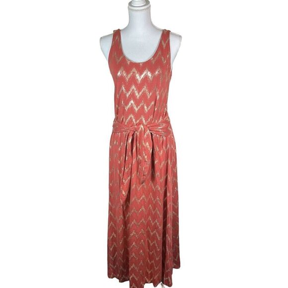 Soft Surroundings Alessandra Dark Coral & Gold Metallic Chevron Maxi Dress - Picture 2 of 11